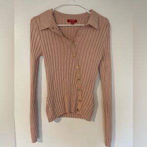 Guess Blush Ribbed Cardigan with Gold Buttons